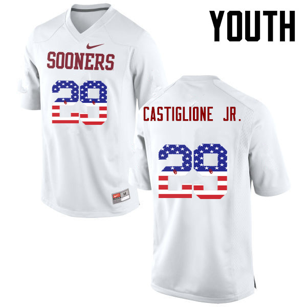 Youth Oklahoma Sooners #29 Joe Castiglione Jr. College Football USA Flag Fashion Jerseys-White - Click Image to Close